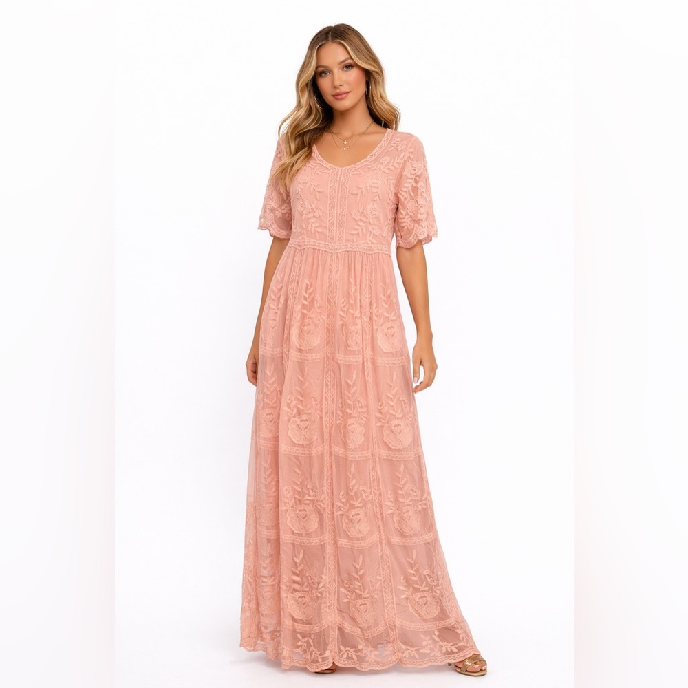 Orange Creek Size S/M Lace Overlay Blush‎ Embroidered Maxi Dress